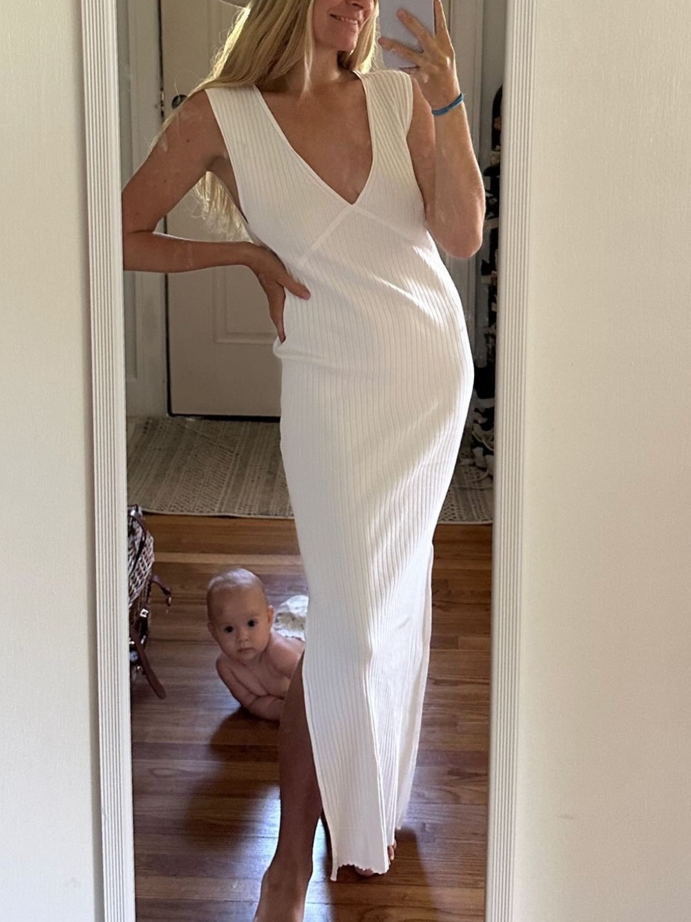 Weekend Stories White Ribbed V-Neck Maxi Dress with Side Slit size Small